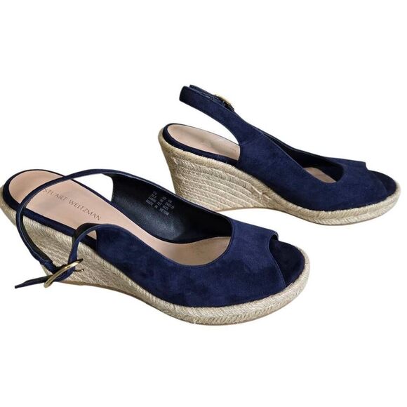 Stuart Weitzman Jean Blue Suede Slingback Cork Wedge Heel Sandal Size 8 - Picture 8 of 14